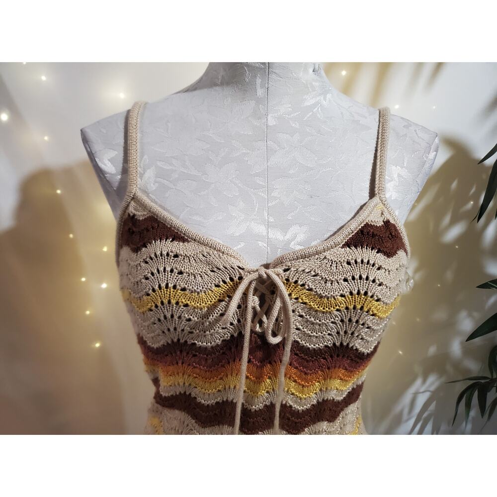 Vtg New Look Y2K Crochet Knit Zig Zag Lace Up Tank Bodysuit Size L Boho Festival - Picture 5 of 12